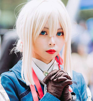 a beautiful costume player wearing dark elf theatrical contact lens inspired from anime scene.