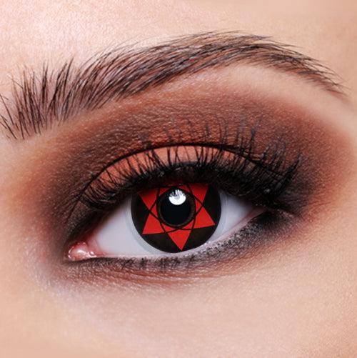 black and red fancy contact lens named mangekyo from naruto for Halloween fest.