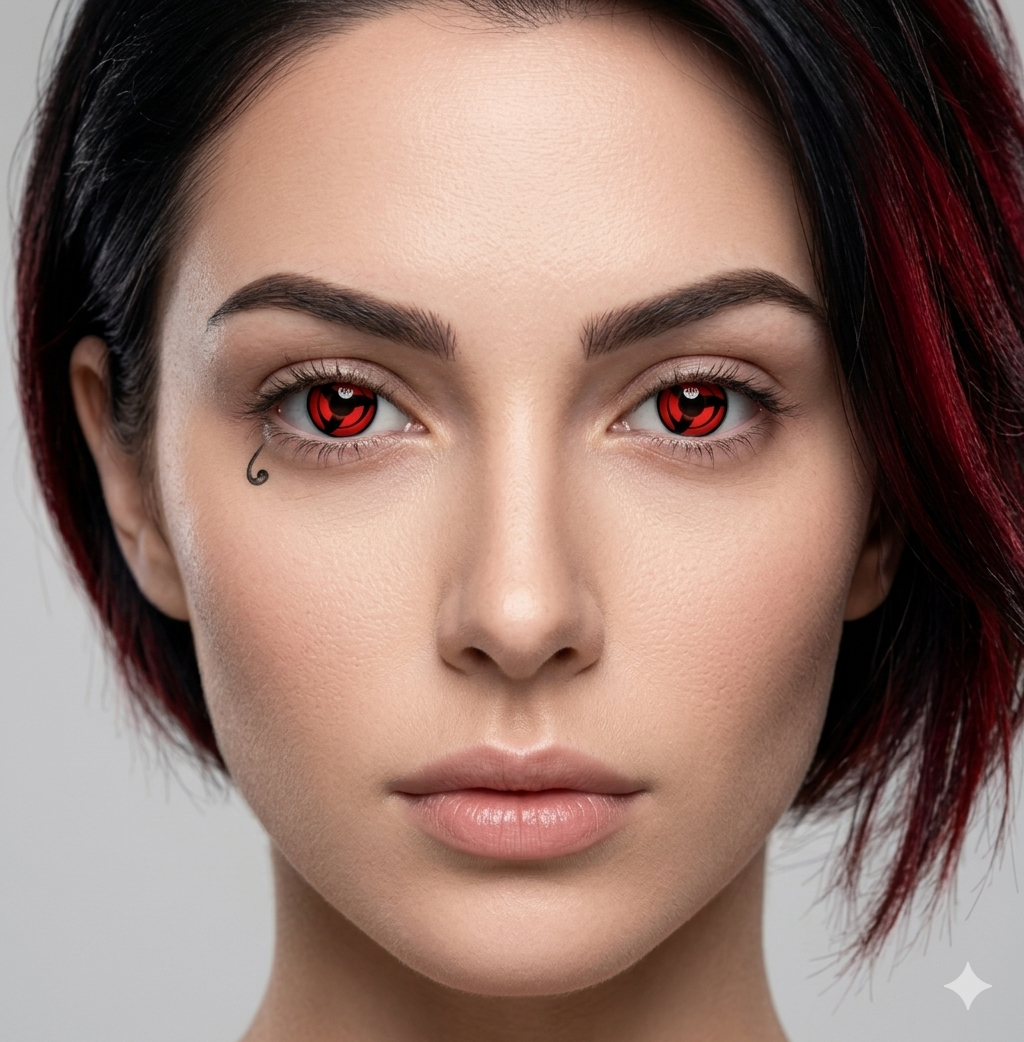 Close-up of a person with red eyes and dark hair against a neutral background
