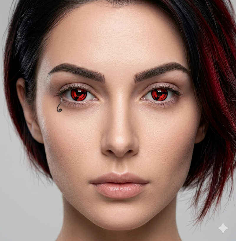 Close-up of a person with red eyes and dark hair against a neutral background