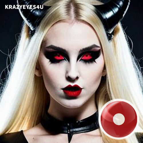 a model is wearing Red out 22mm screla color contact lens for Halloween fest.