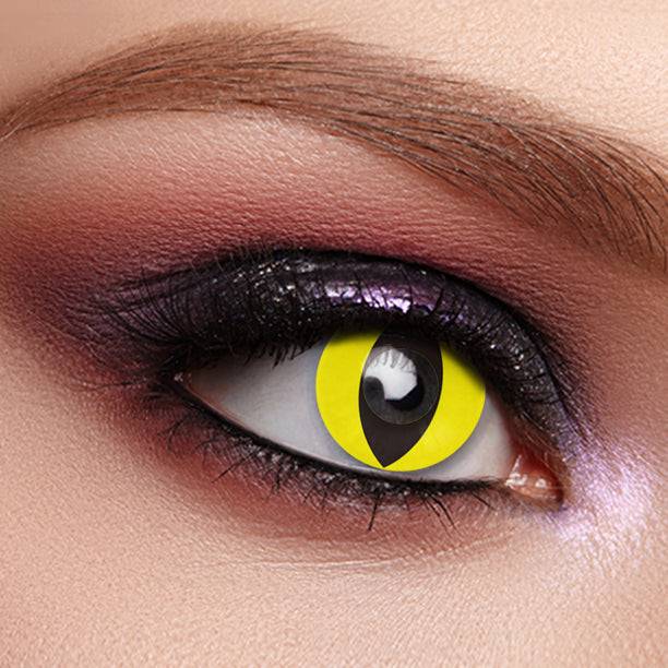 fancy uv glowing yellow cat designed lens applied on eye.