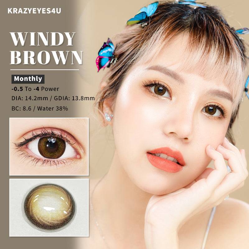 A model wearing windy brown lens staring at you.