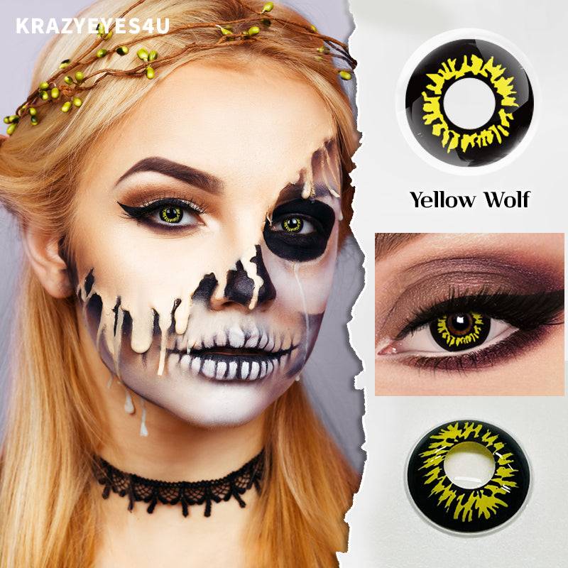 a model with fancy contact lens for Halloween.