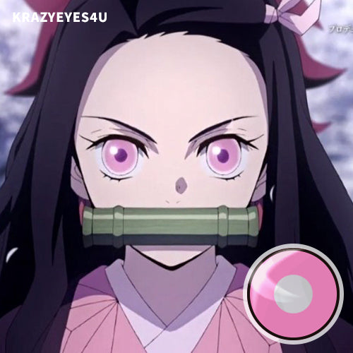 nezuko anime character wears pinkyeye fancy contact lens.